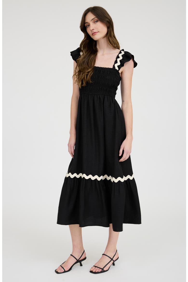 Wavy Ribbon Tiered Midi Dress, Alternate, color, BLACK