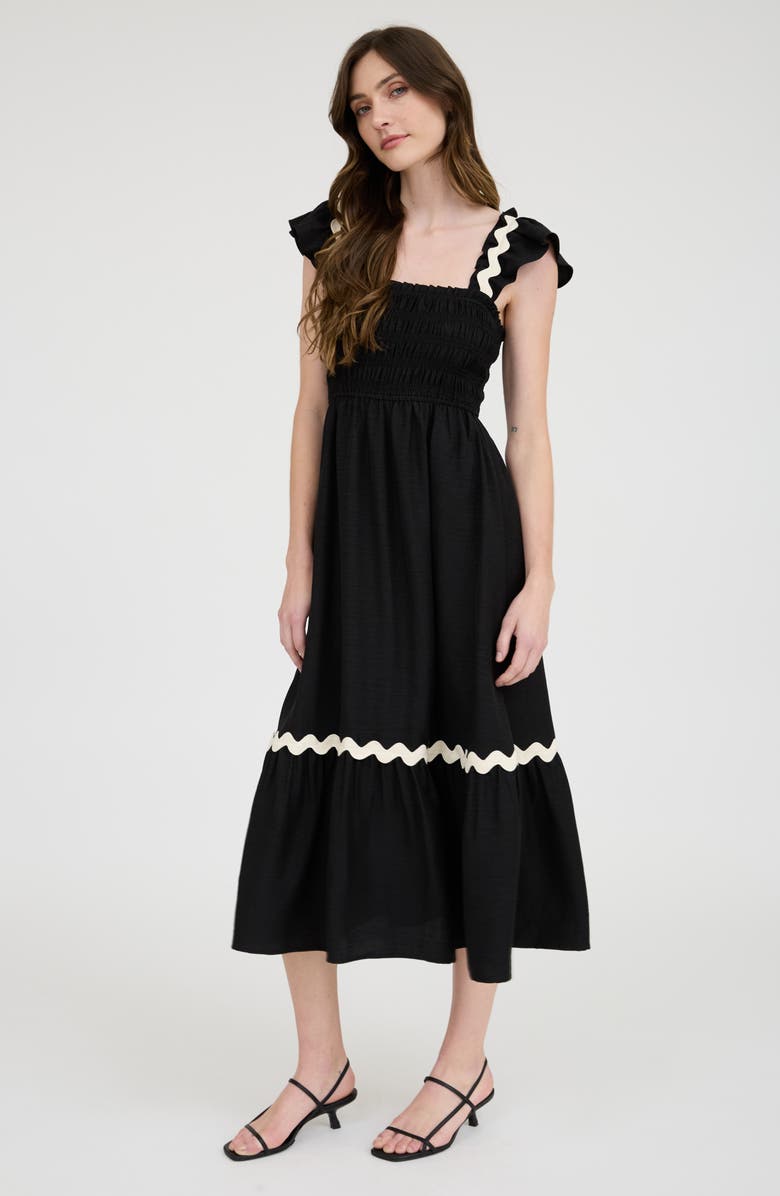 AUGUST SKY Wavy Ribbon Tiered Midi Dress, Alternate, color, Black