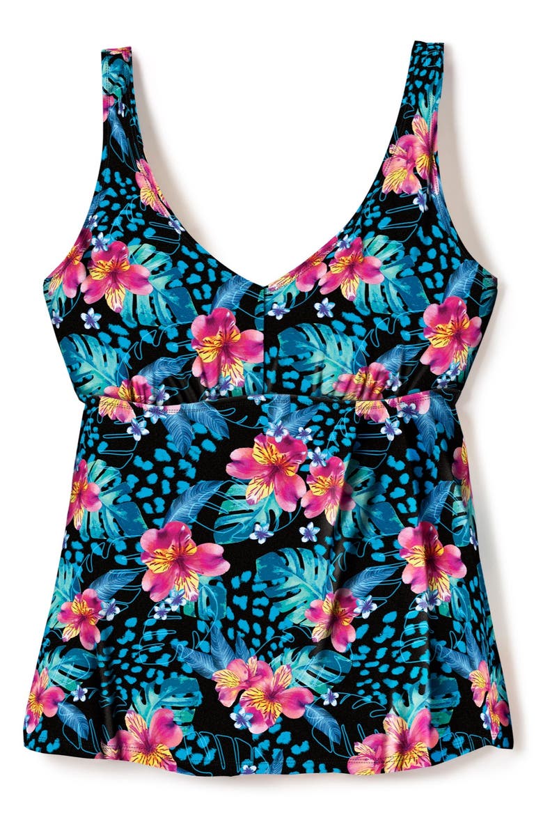 A Line Flowy V Neck Tankini Top With Built In Bra, Alternate, color, TROP ANIMAL TURQ