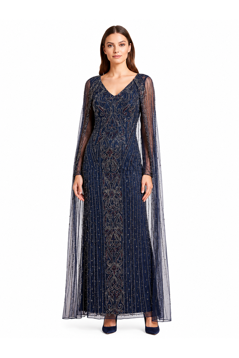 V-Neck Linear Beaded Dress with Long Cape, Alternate, color, Navy