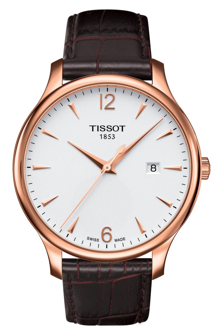 Tradition Leather Strap Watch, 42mm, Main, color, BROWN/ ROSE GOLD