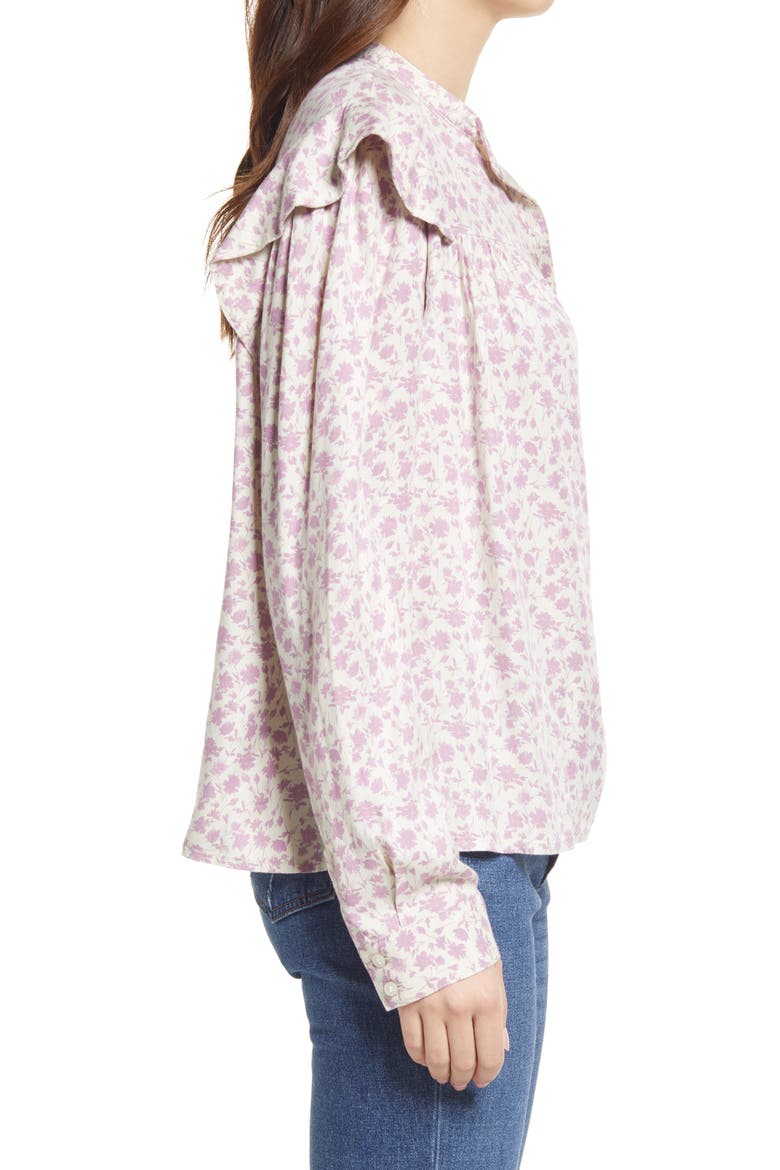 Floral Ruffle Trim Button-Up Shirt, Alternate, color, PURPLE SILHOUETTE FLORAL