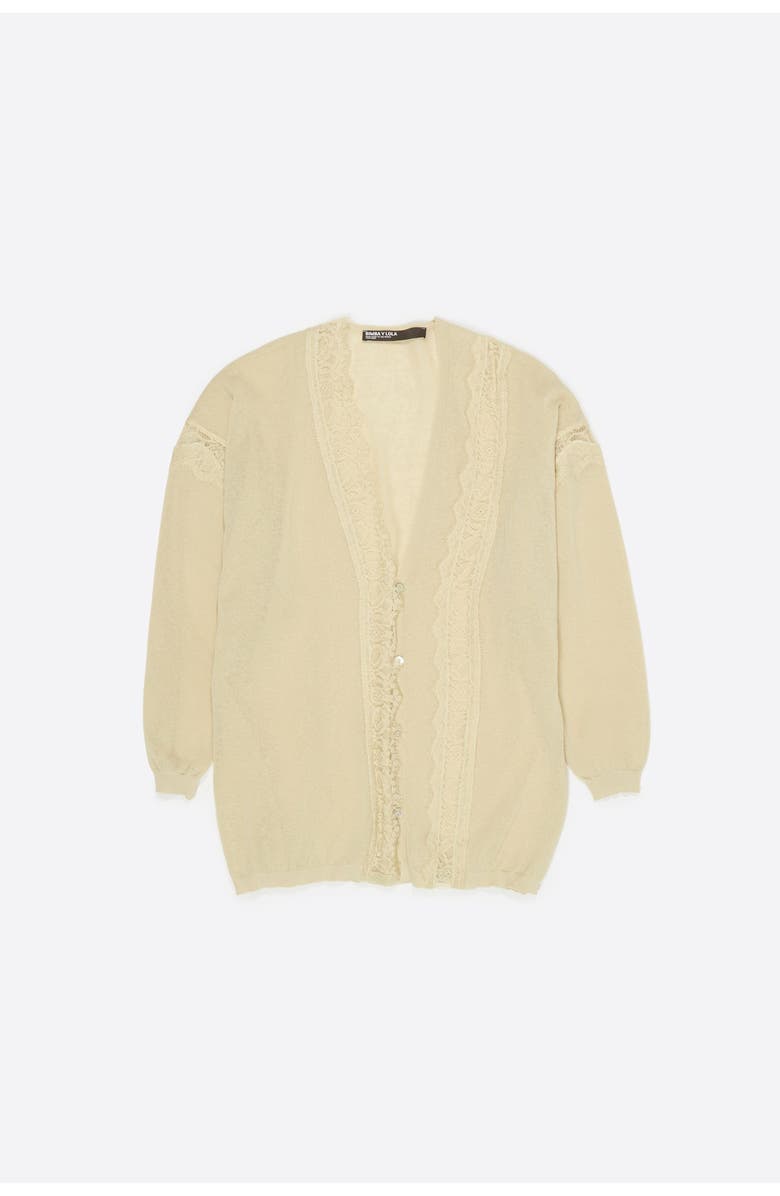 Bimba y Lola Long Cotton and Linen Cardigan With Lace Trim, Alternate, color, Light Green