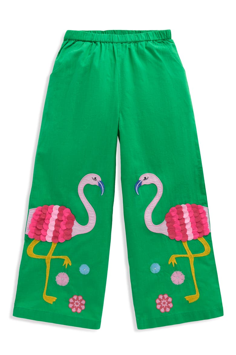 Kids' Appliqué Pull-On Pants, Main, color, GREEN FLAMINGOS