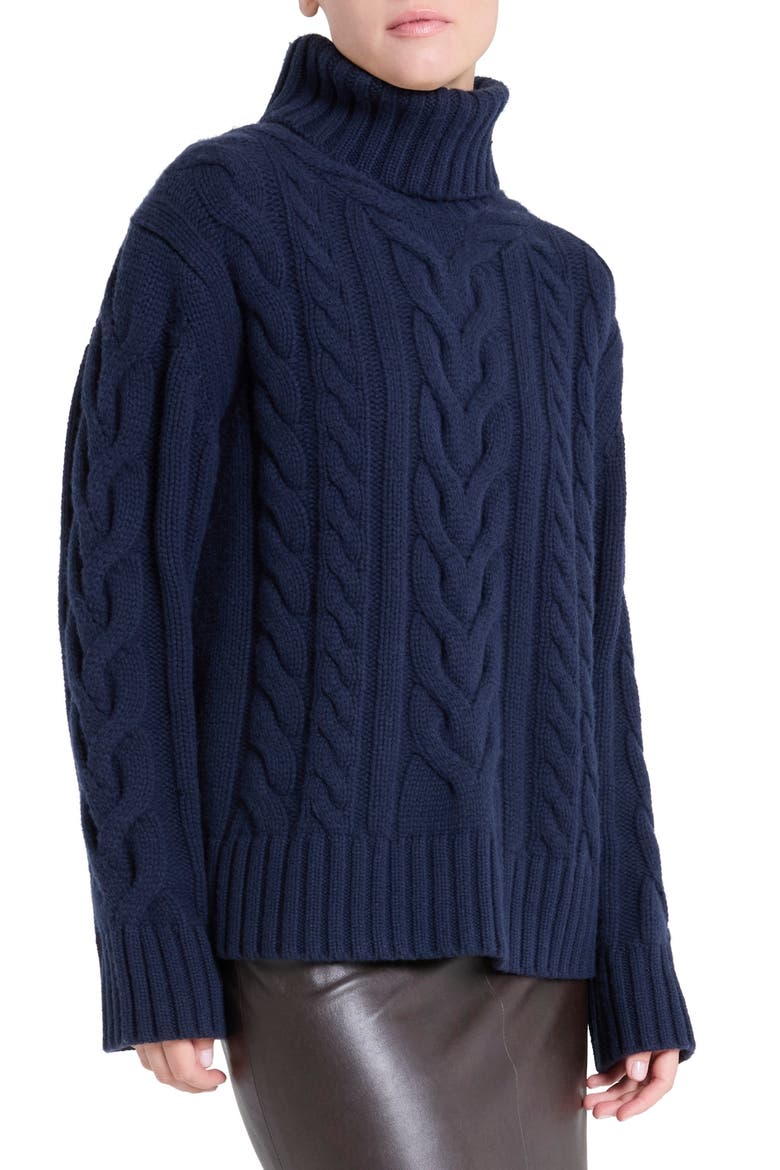 Traveling Cable Stitch Cashmere Turtleneck Sweater, Alternate, color, MIDNIGHT