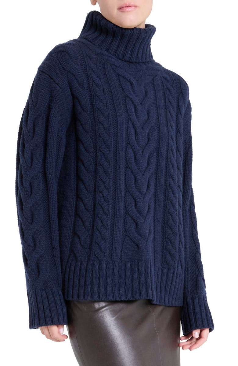 TWP Traveling Cable Stitch Cashmere Turtleneck Sweater, Alternate, color, Midnight