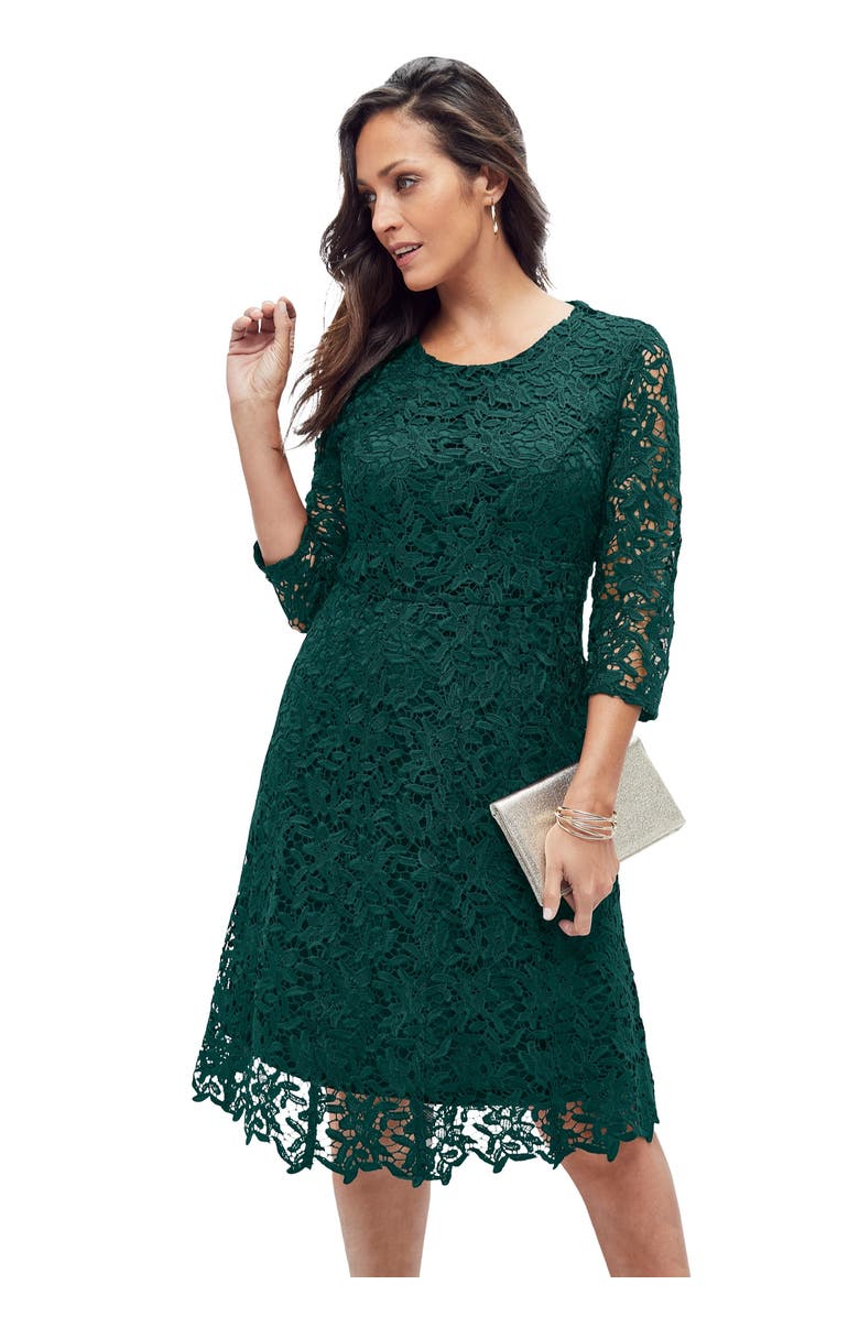 Jessica London Lace Fit & Flare Dress, Main, color, Emerald Green