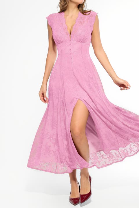Shapewear Boho Floral Lace Front Slit Maxi Dress
