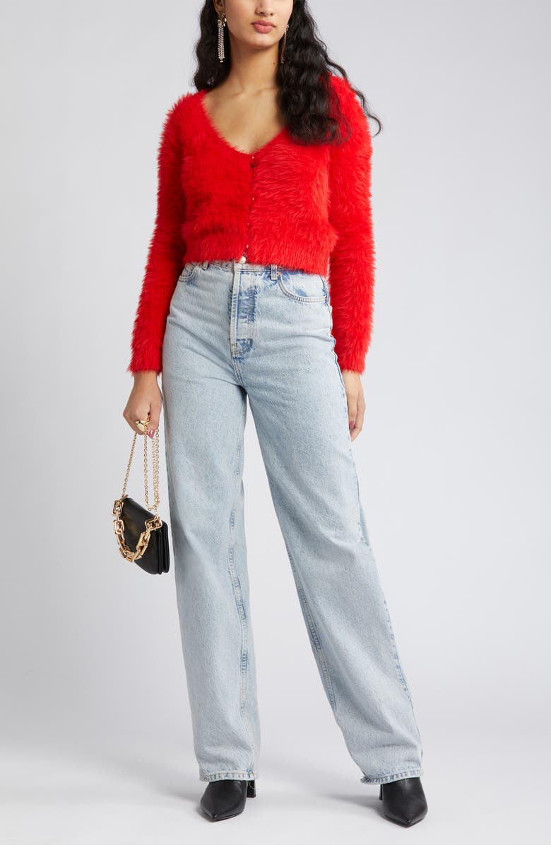 Open Edit Eyelash Knit Crop Cardigan, Alternate, color, Red Goji