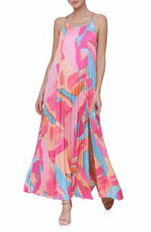 Avec Les Filles Print Satin Maxi Halter Dress