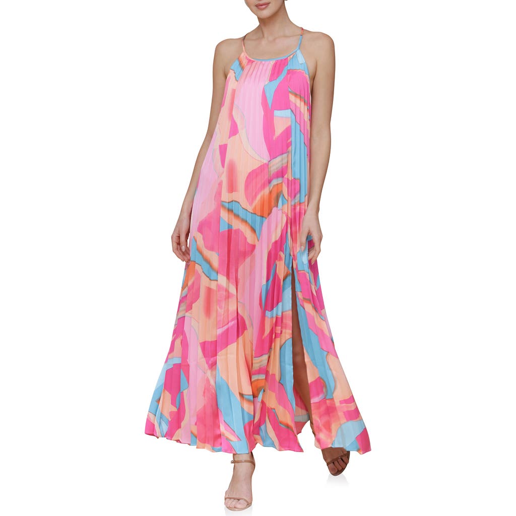 Avec Les Filles Print Satin Maxi Halter Dress In Pink