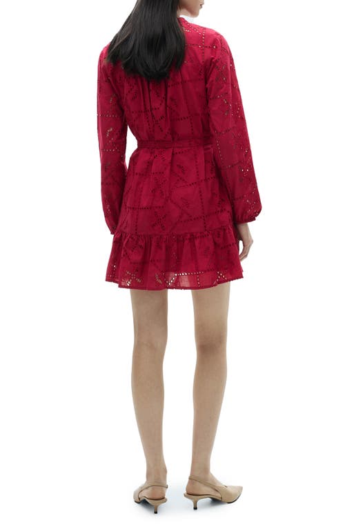 Mango Eyelet Ruffle Hem Tie Waist Long Sleeve Minidress In Strawberry