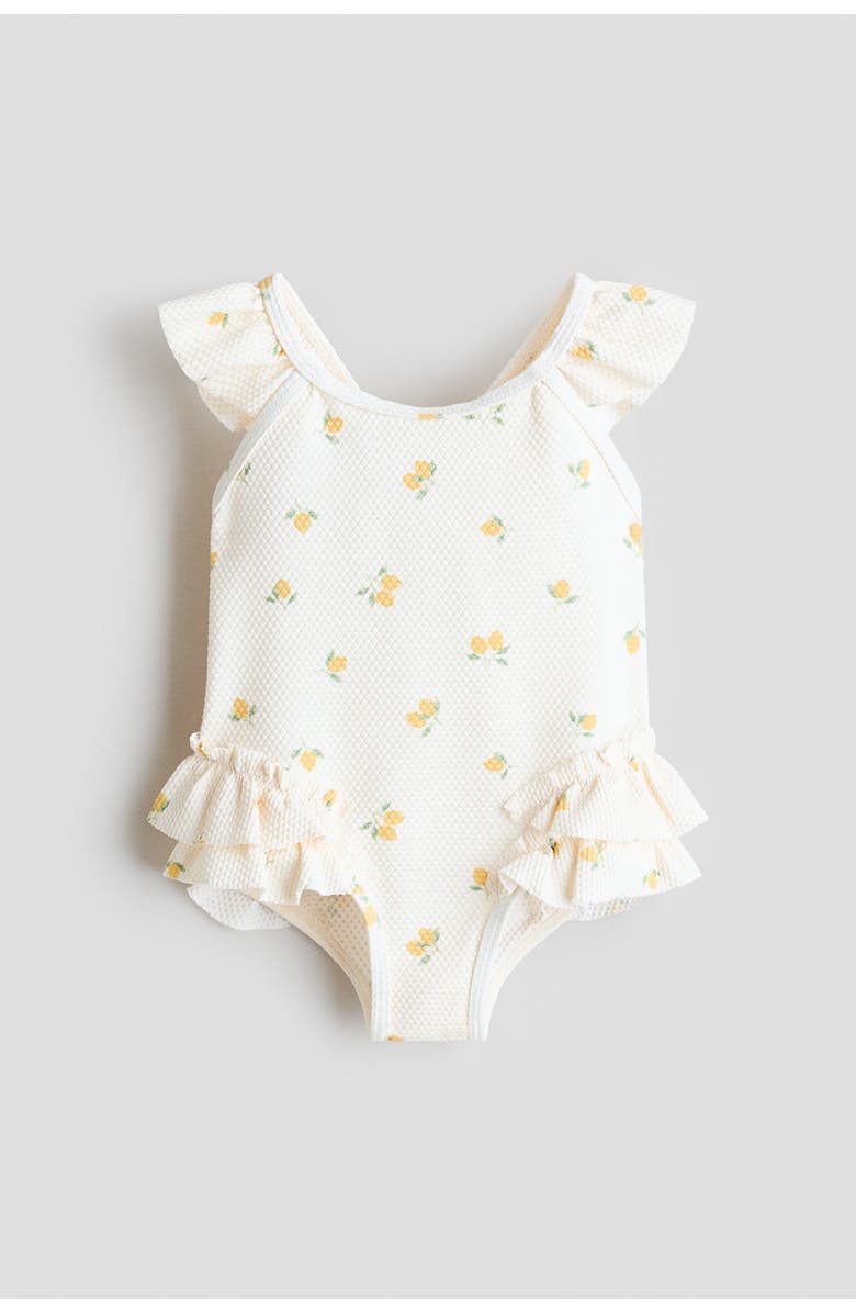 H&M Flounce-trimmed Swimsuit, Main, color, White/Lemons