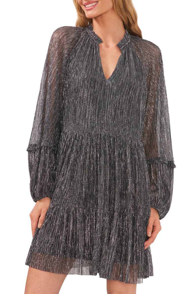 CeCe Metallic Split Neck Long Sleeve Dress, Alternate, color, 