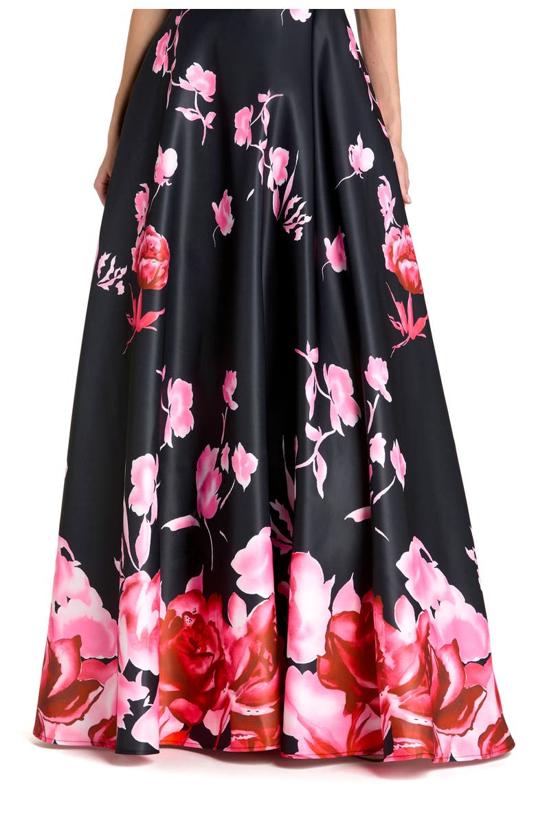 Mac Duggal Printed Satin Sleeveless Square Neck Ballgown, Alternate, color, Black Multi