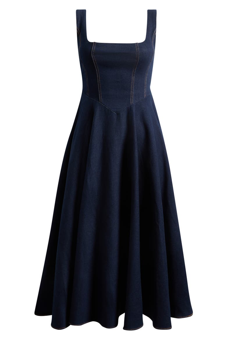 Square Neck Cotton Blend Denim Midi Dress, Alternate, color, DARK BLUE