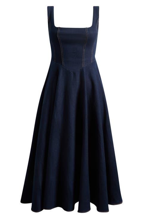 Square Neck Cotton Blend Denim Midi Dress