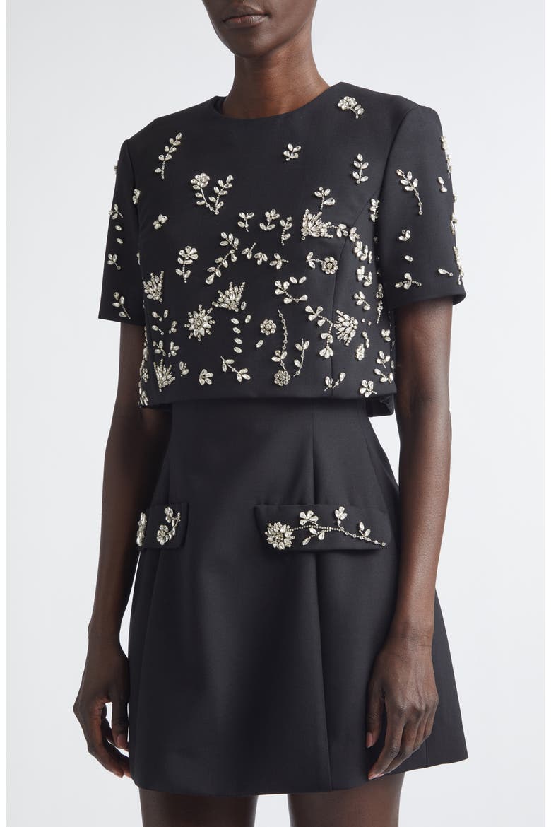Embellished Crystal Flowers Stretch Wool Cocktail Dress, Alternate, color, BLACK