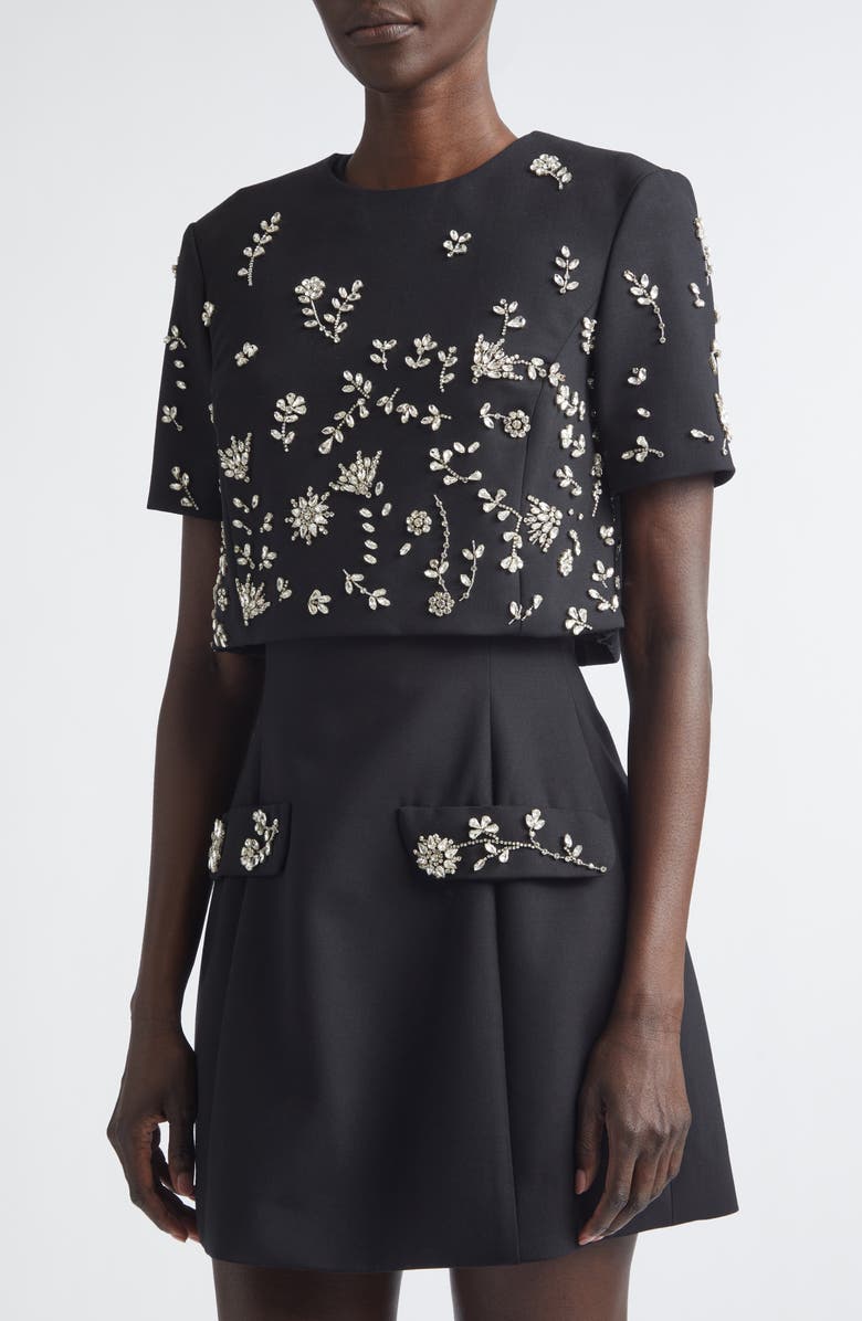 Oscar de la Renta Embellished Crystal Flowers Stretch Wool Cocktail Dress, Alternate, color, Black
