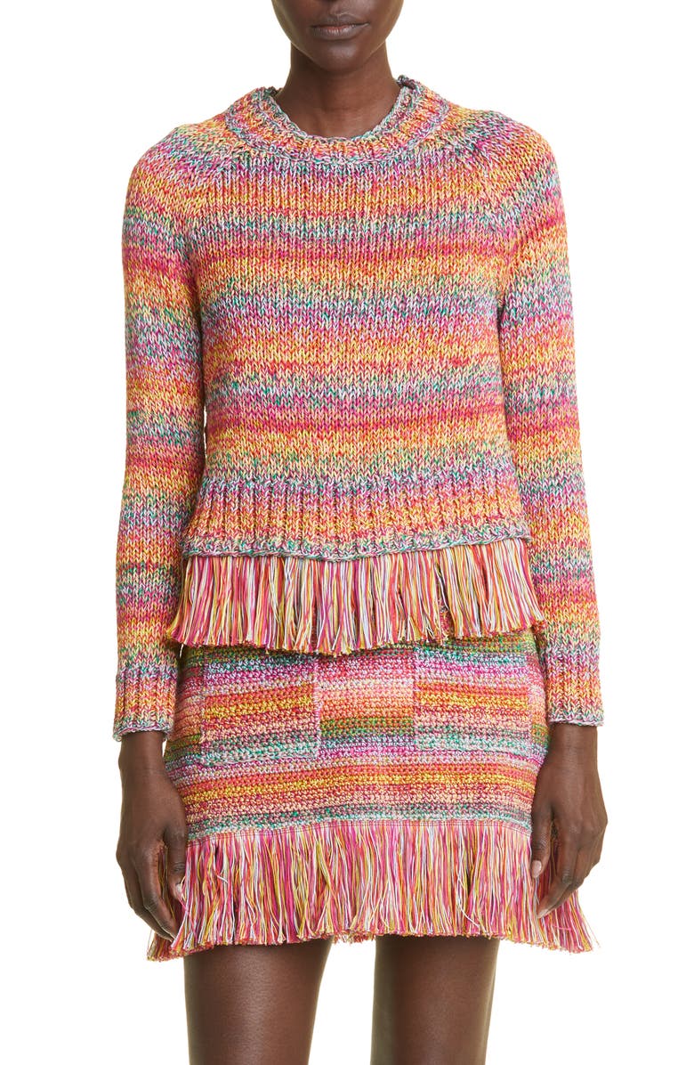 Oscar de la Renta Ombré Stripe Cotton Crochet Sweater, Main, color,