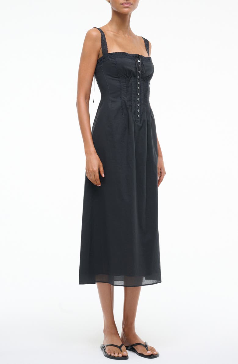 STAUD Matilde Lace Trim Midi Dress, Alternate, color, Black