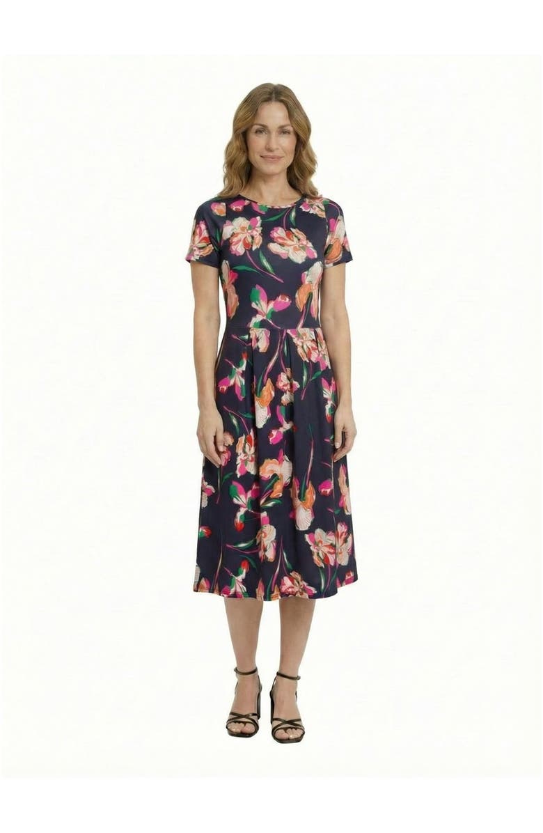 24seven Comfort Apparel Essential Petite Floral Print Short Sleeve Boat Neck Fit N Flare Pocket Midi Dress, Main, color, Navy Multi