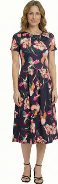 24seven Comfort Apparel Essential Petite Floral Print Short Sleeve Boat Neck Fit N Flare Pocket Midi Dress