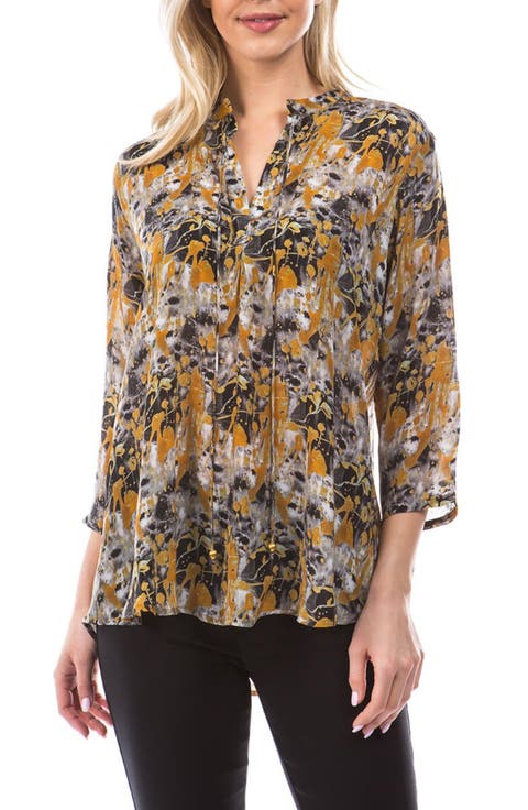 Print Tassel Split Neck Chiffon Top