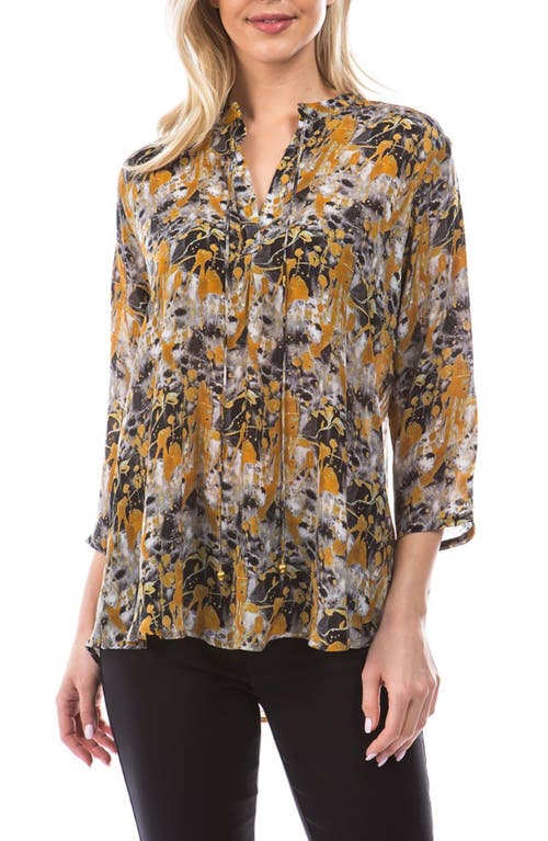 Apny Print Tassel Split Neck Chiffon Top In Brown