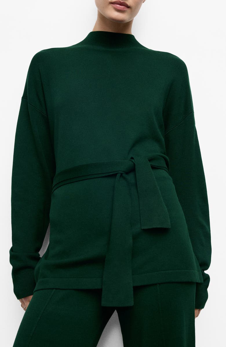 MANGO Tie Waist Mock Neck Sweater, Main, color, Dark Green