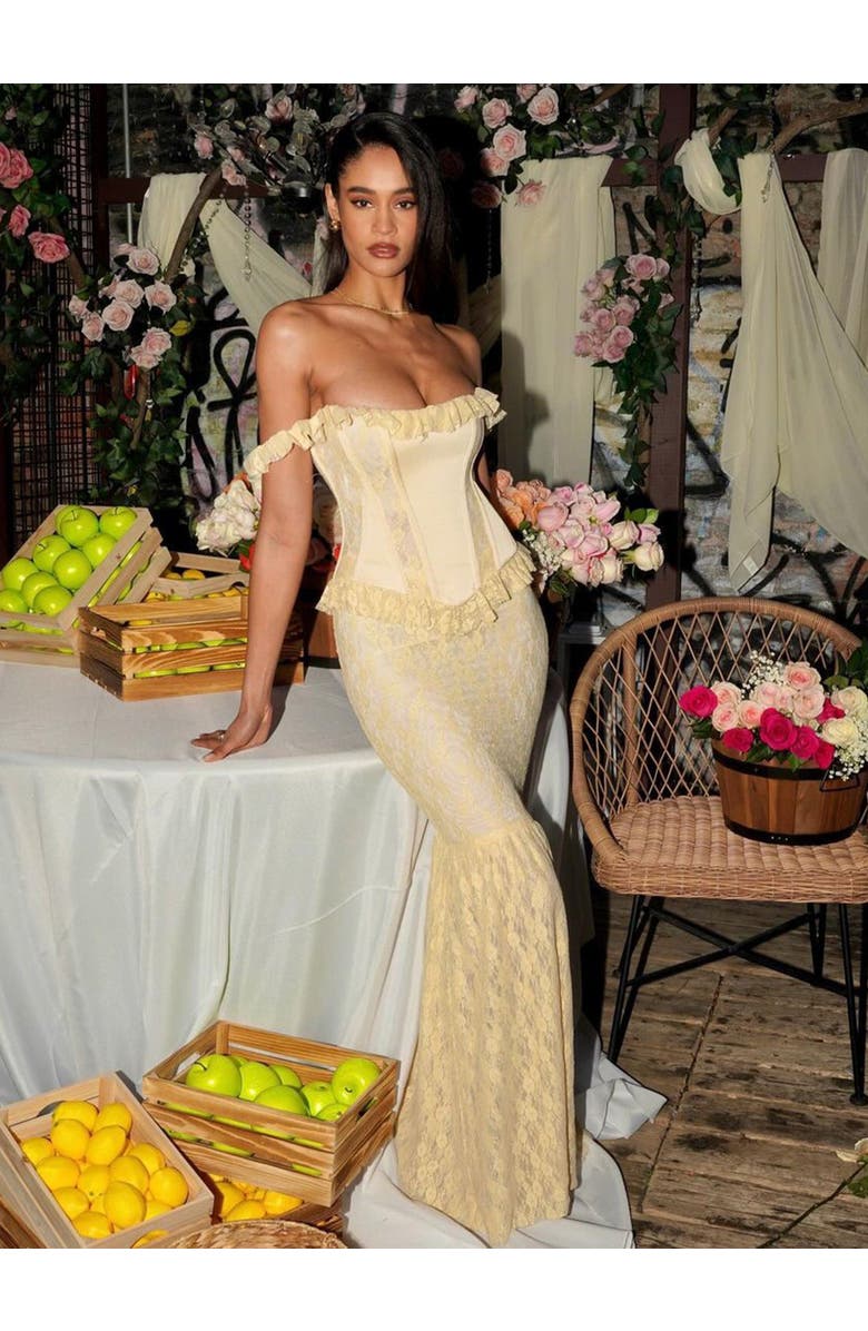 Miss Circle Ersilia Satin Lace Peplum Corset Off Shoulder Maxi Dress, Alternate, color, Pale Yellow