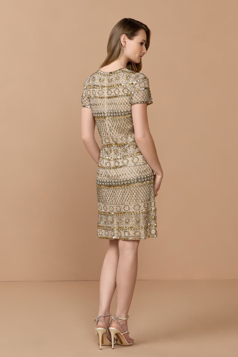 Short Sleeve Embelleshed Mesh Mini Dress, Alternate, color, Nude Gold