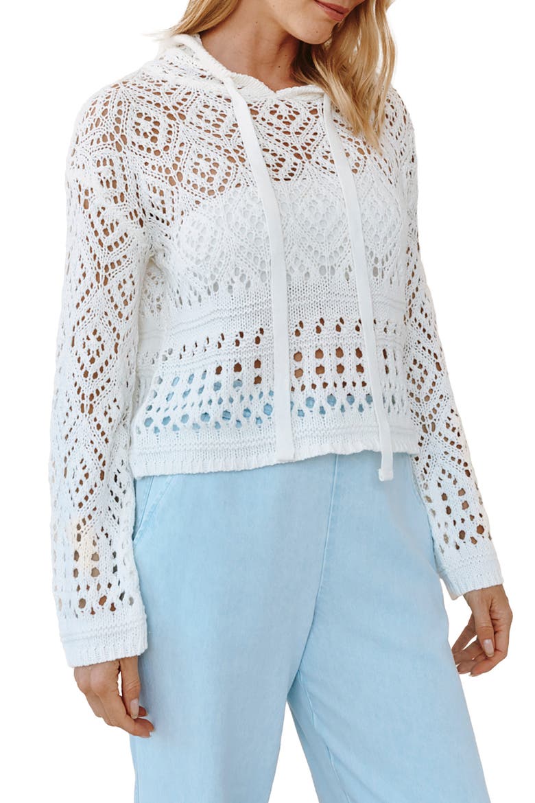 Sheer Cotton Blend Open Stitch Hoodie, Alternate, color, WHITE