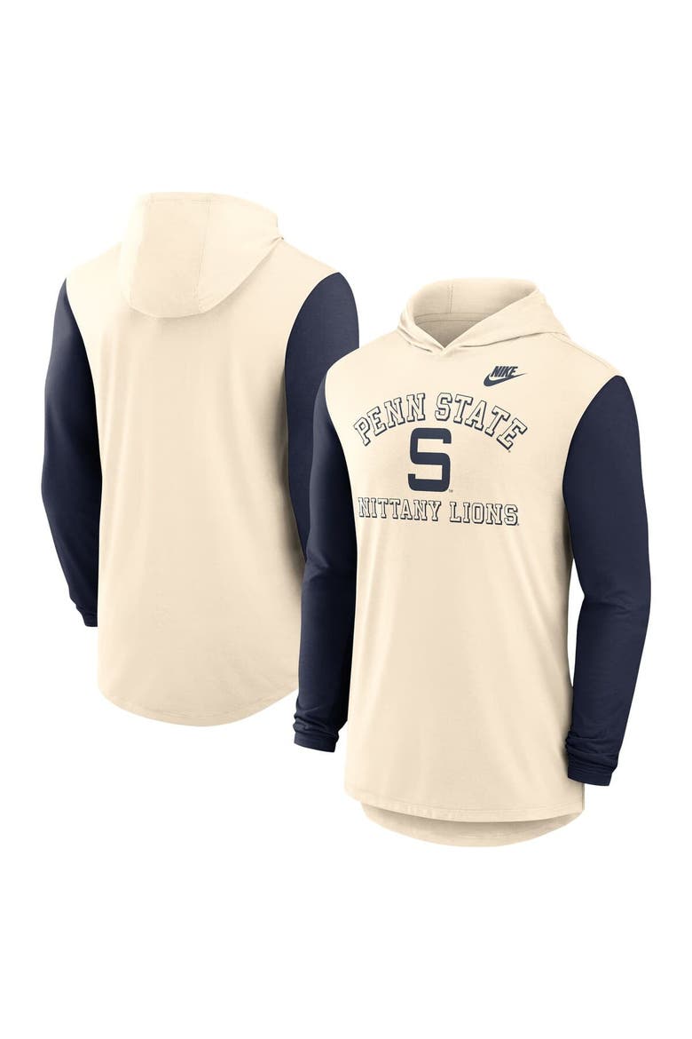 Men's Nike Natural/Navy Penn State Nittany Lions Legacy Color-Block Tri-Blend Performance Long Sleeve Hoodie T-Shirt, Main, color, Natural