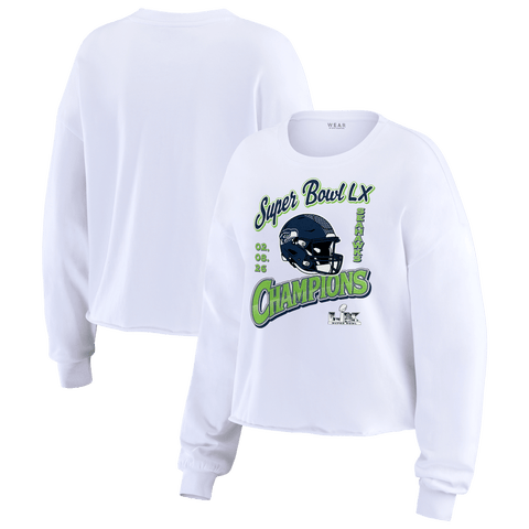 Women's WEAR by Erin Andrews White Seattle Seahawks Super Bowl LX Champions Cropped Long Sleeve T-Shirt