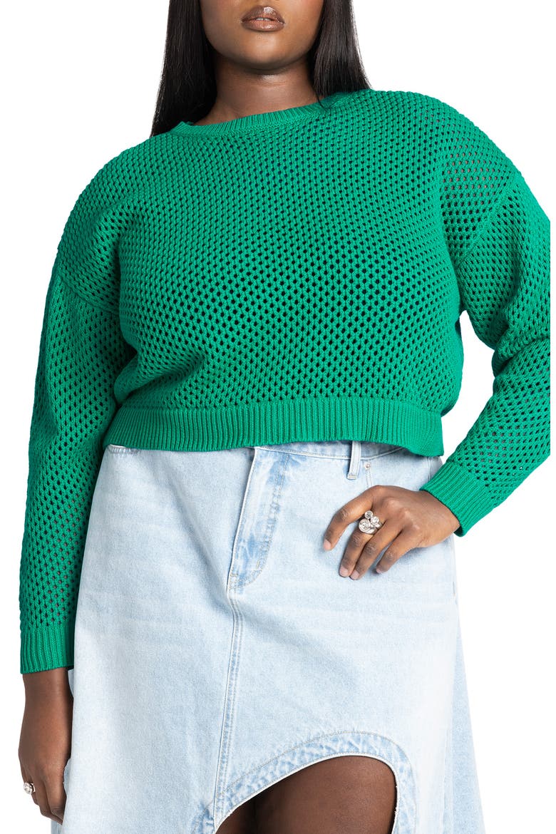 Boxy Crop Open Stitch Cotton Blend Sweater, Main, color, PEPPER GREEN
