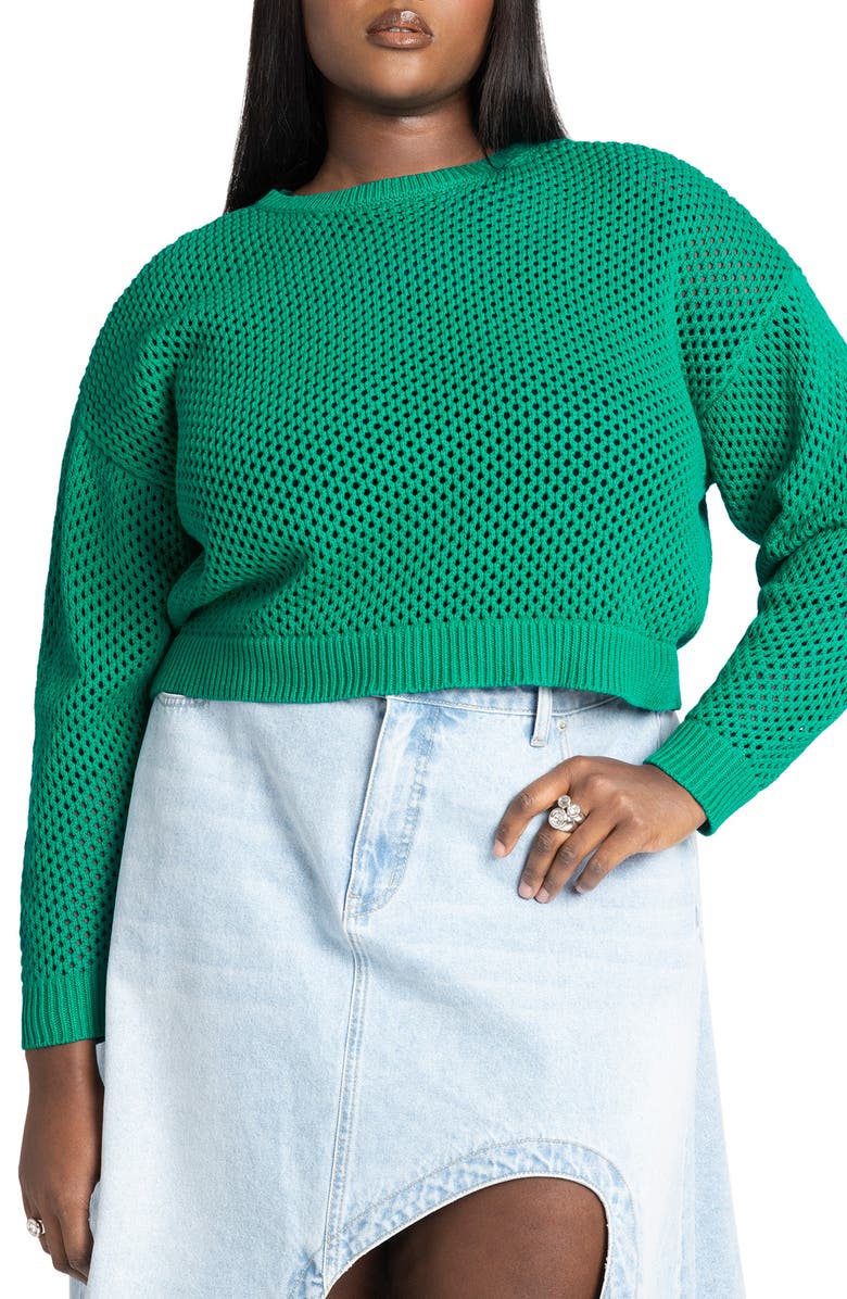 ELOQUII Boxy Crop Open Stitch Cotton Blend Sweater, Main, color,