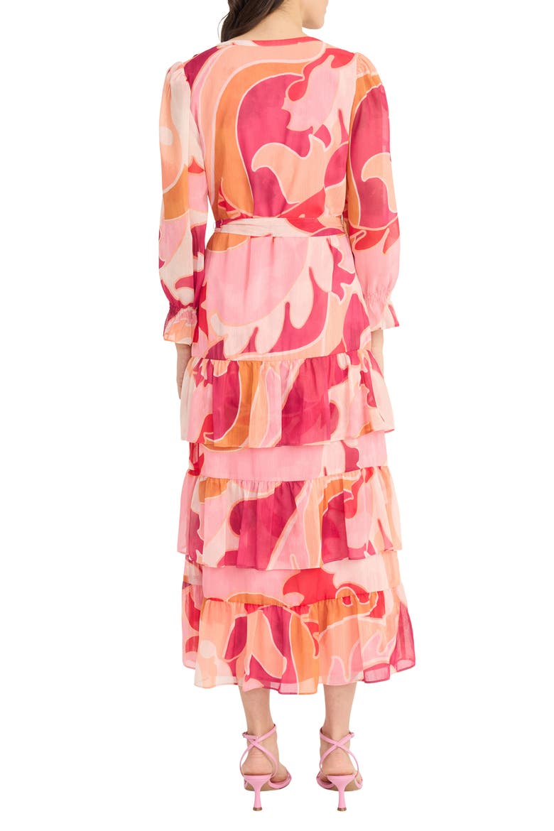 Tie Waist Long Sleeve Tiered Maxi Dress, Alternate, color, CREAM/ MAGENTA