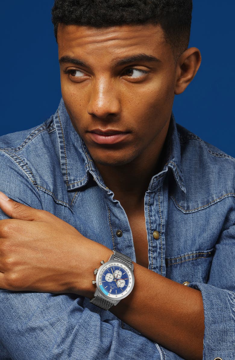 PORSAMO BLEU Simon Mesh Strap Chronograph Watch, 44mm, Alternate, color, Silver And Blue