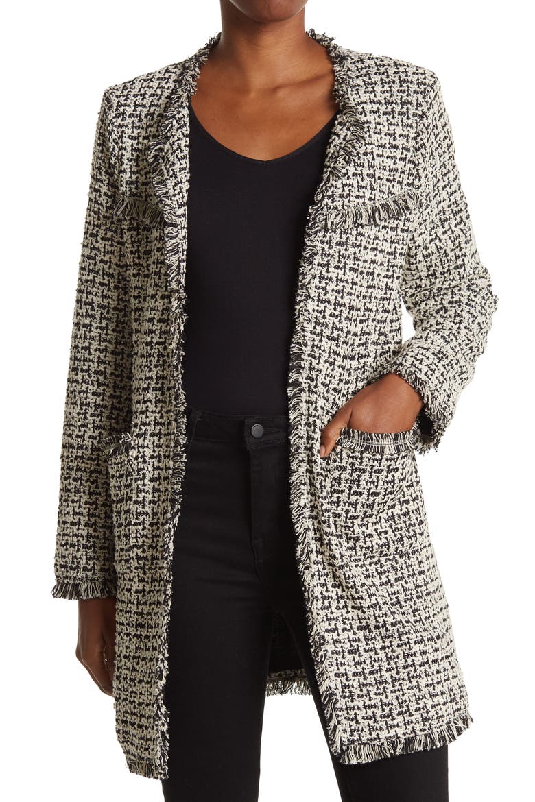 Boucle Knit Textured Fringe Trim Jacket, Main, color, BLACK/WHITE MULTI
