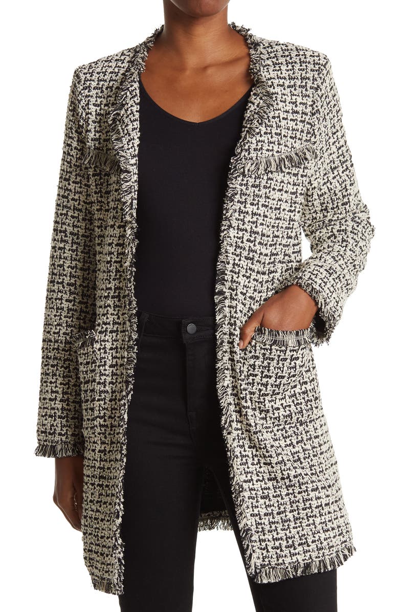 Laundry by Shelli Segal Boucle Knit Textured Fringe Trim Jacket, Main, color, 