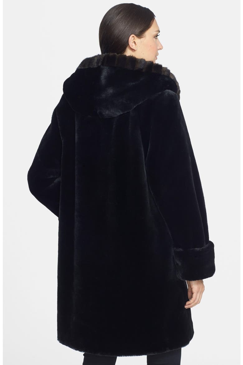 Hooded Faux Fur Walking Coat, Alternate, color, BLACK