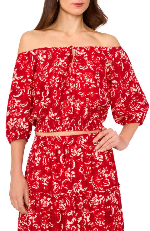 Off the Shoulder Puff Sleeve Tie Front Crop Top