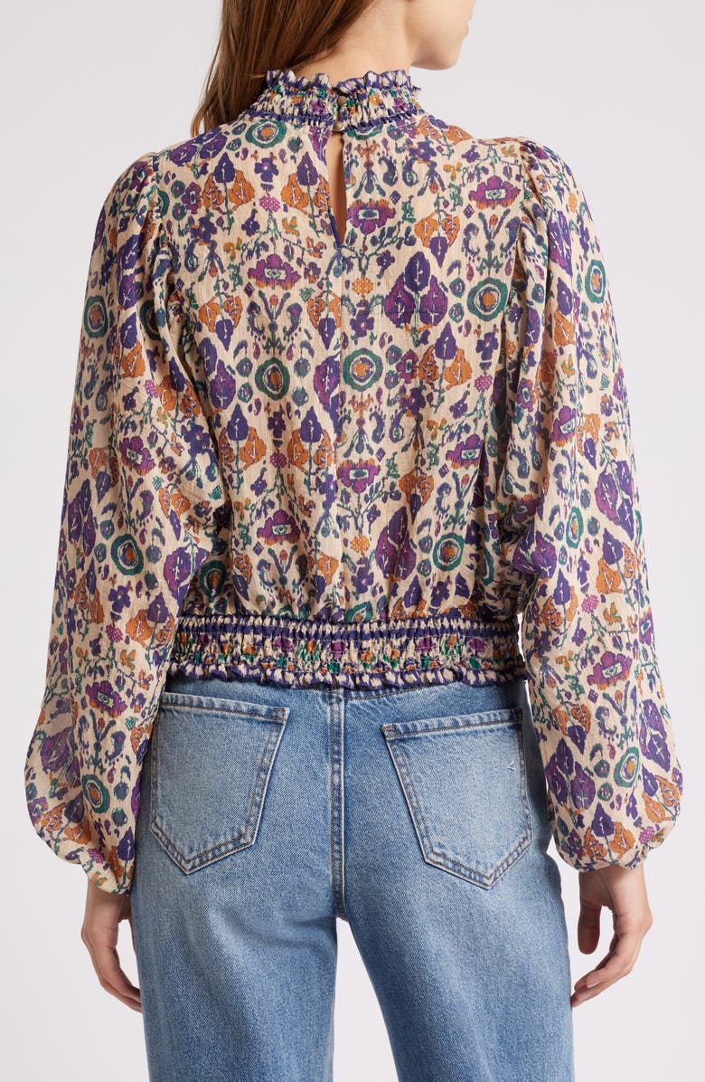 SESSÙN Duchess Ikat Print Smocked Waist Blouson Top, Alternate, color, Duchess/ Saltypath