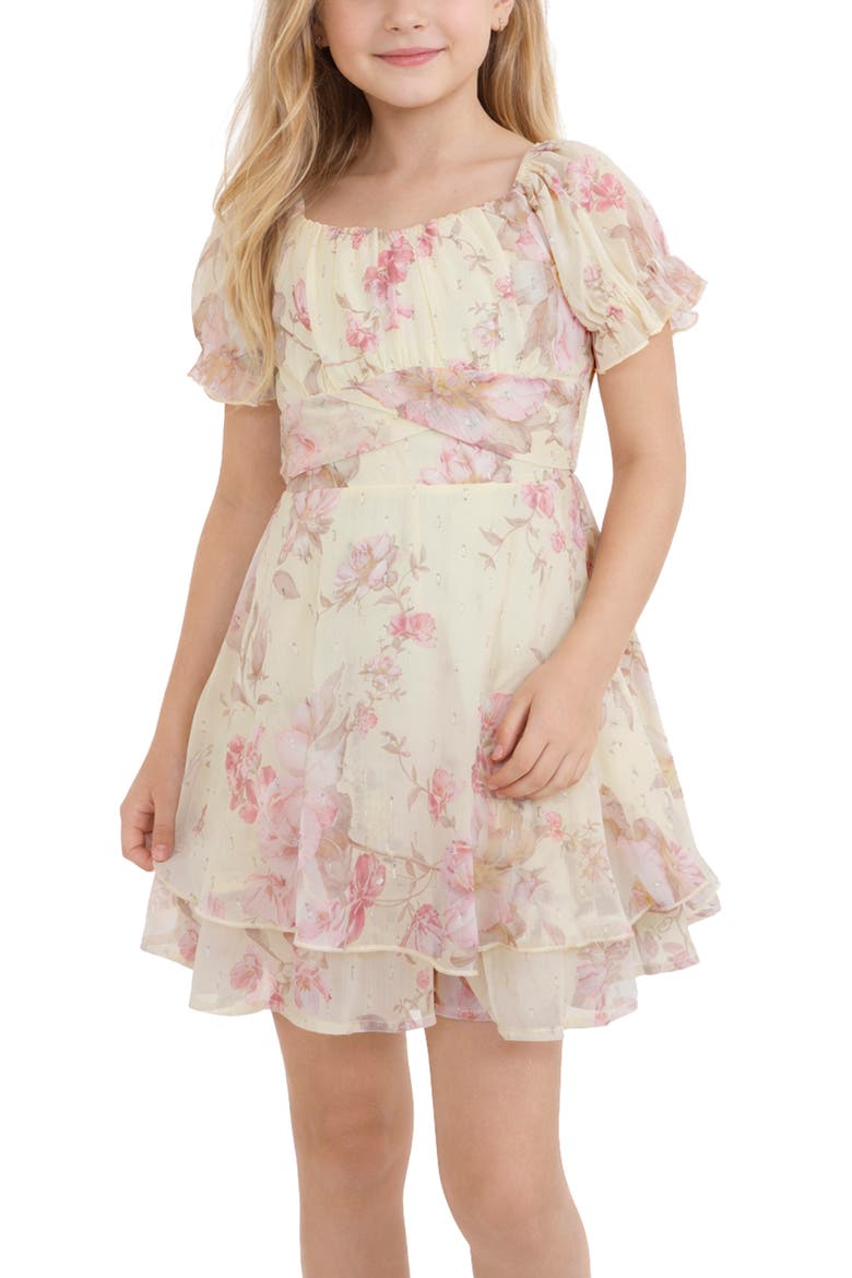 Floral Print Puff Sleeve Romper, Alternate, color, YELLOW/ PINK