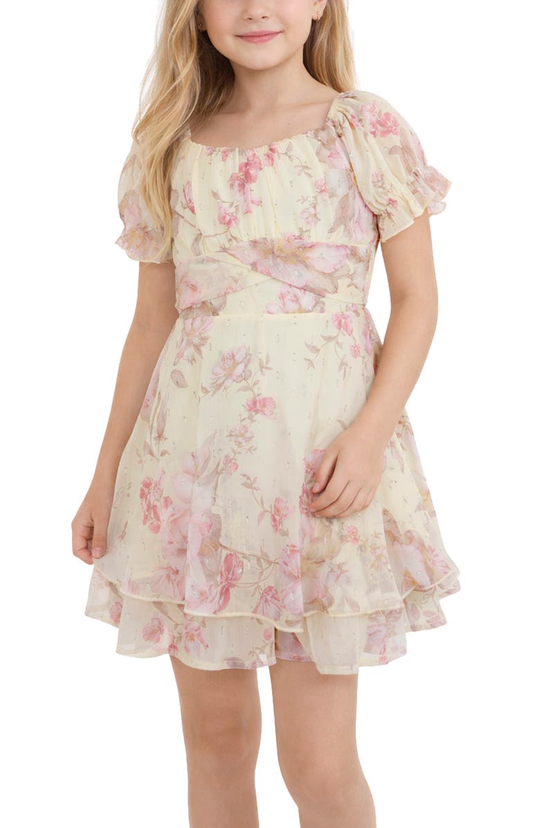 Zunie Floral Print Puff Sleeve Romper, Alternate, color, Yellow/ Pink