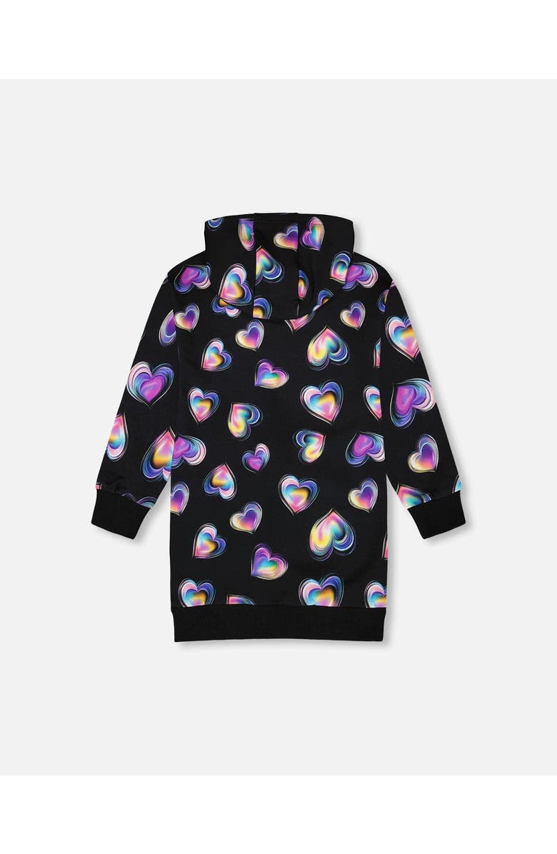 Deux par Deux Hooded Fleece Dress with Trompe-L’Œil Bag Detail, Alternate, color, Black And Multicolor