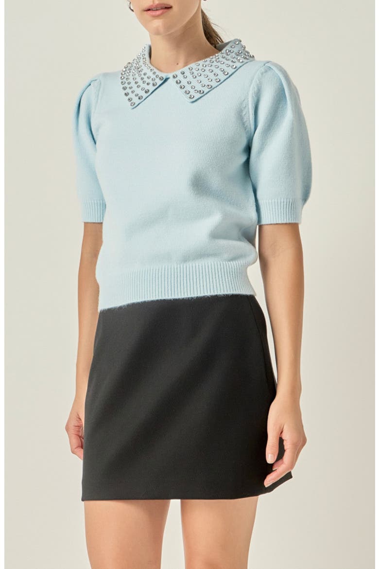 Rhinestone Collar Puff Sleeve Sweater, Alternate, color, ICY BLUE