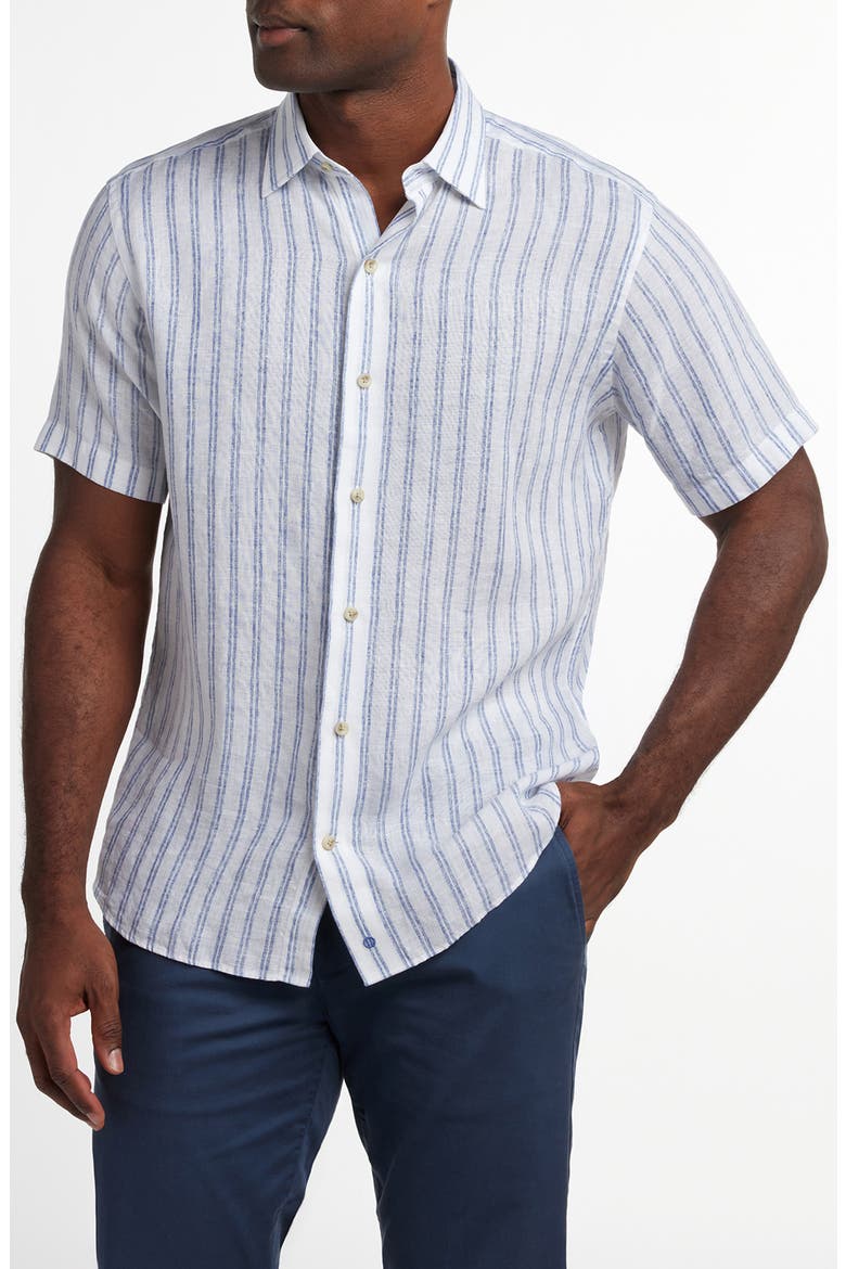 Stripe Short Sleeve Slub Linen Button-Up Shirt, Main, color, WHITE/ BLUE