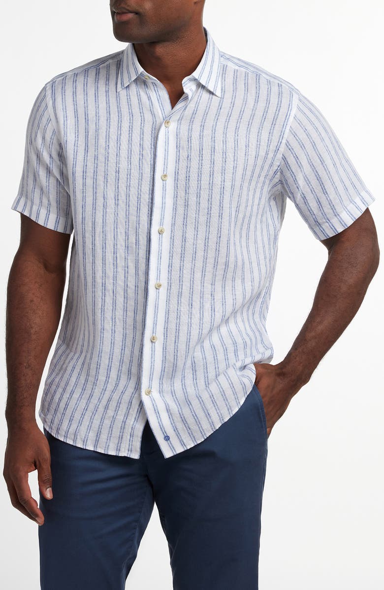 David Donahue Stripe Short Sleeve Slub Linen Button-Up Shirt, Main, color, White/ Blue